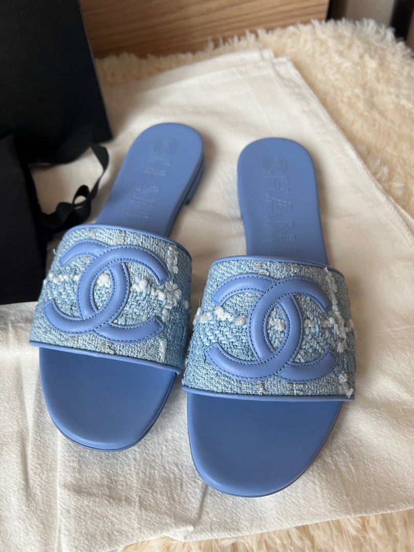 Chanel 23P Blue Tweed Lambskin Sliders