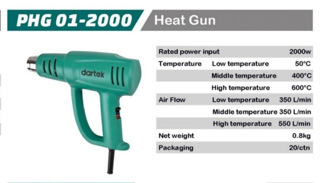 DARTEK PHG01-2000 HEAT GUN (Category: Construction Tools & Equipment) located in Manila. Submitted by tonpornel (Listing ID 1256691121, Image 1). Description: Ton-Pornel Mercantile • We supply Powertools, Hardware tools, Plumbing, Paints, Electrical and Construction materials • We offer Paint Mixing and Powertools Repair Visit us: 38 Marcos Highway Mayamot, Antipolo City https://maps.google.com/?cid=1384230075759805792&entry=gps Store hours Mon t