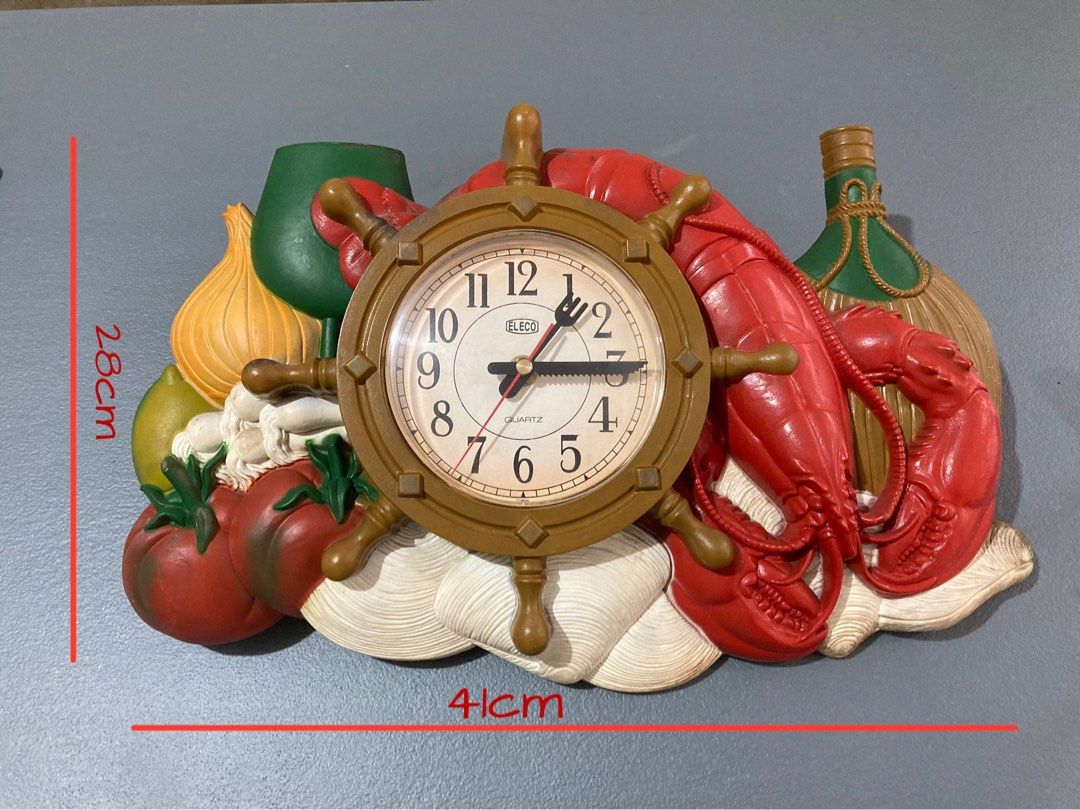 Eleco Vintage Lobster Seafood Wall Clock (Category: Bathroom & Kitchen Fixtures) located in Quezon City. Submitted by marvinii (Listing ID 1256661619, Image 3). Description: Clock in working condition Discoloration and minor scratches due to excessive time in storage May show signs of aging / stains Please manage your expectations Material Plastic Resin Mold Measurements Clock: 12cm Base: 41x28cm.