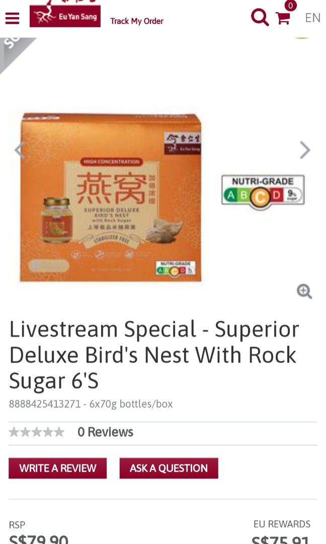 Eu Yan Sang Superior Deluxe Bird Nest with rock sugar, Food & Drinks