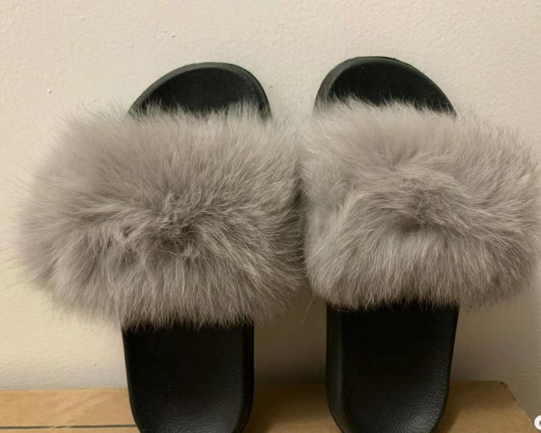 Fur top slide slippers