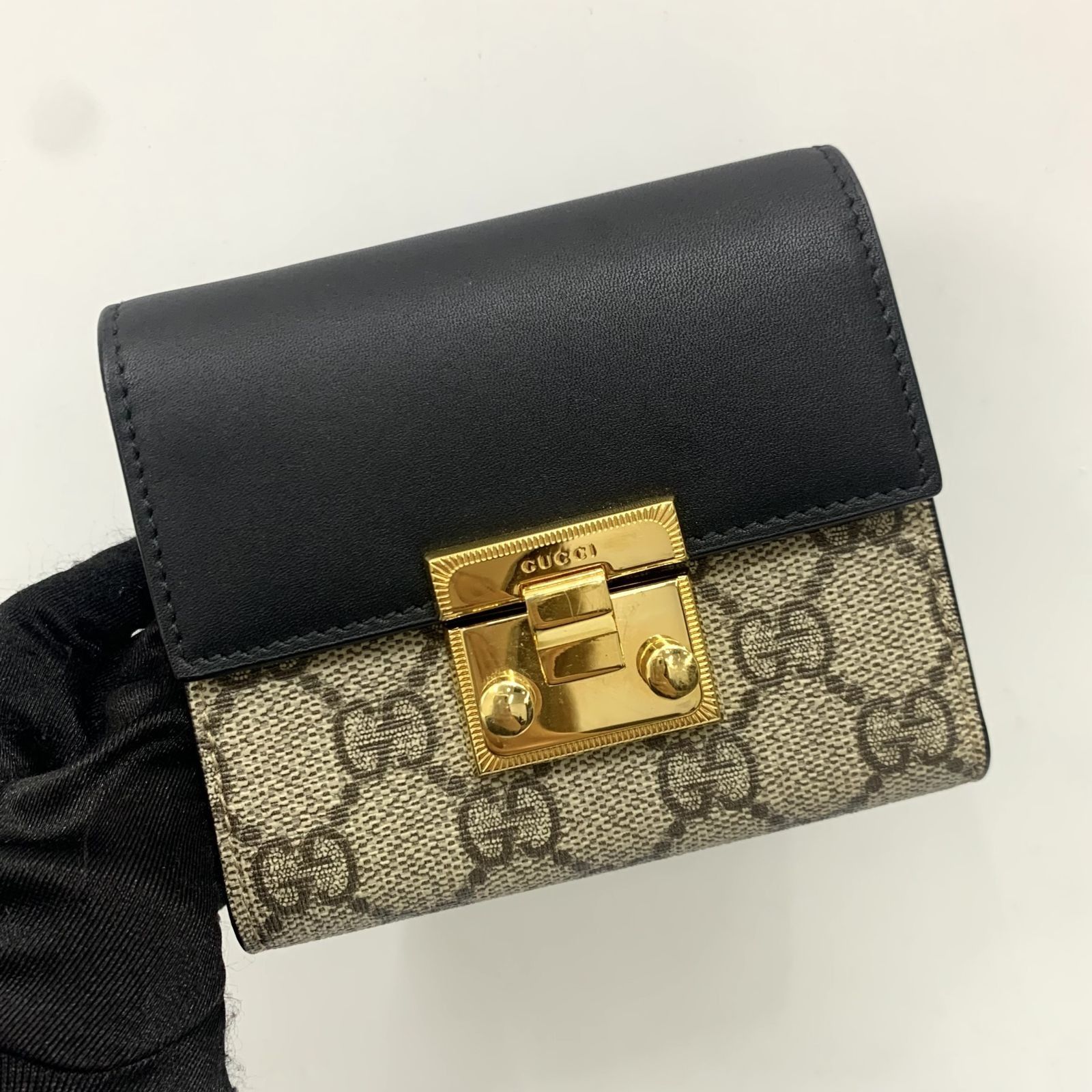 GUCCI 453155 BLACK AND GREY WEBBING PADLOCK COMPACT WALLET
