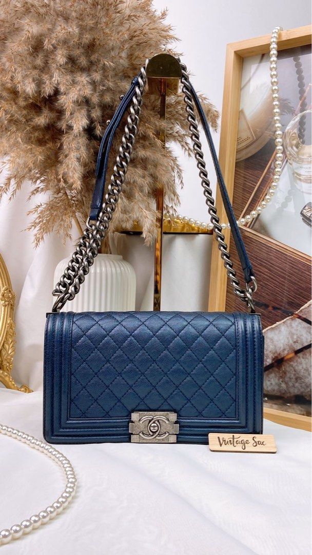 JZC7632 Metallic Blue Medium Boy Flap Bag RHW Luxury Bags