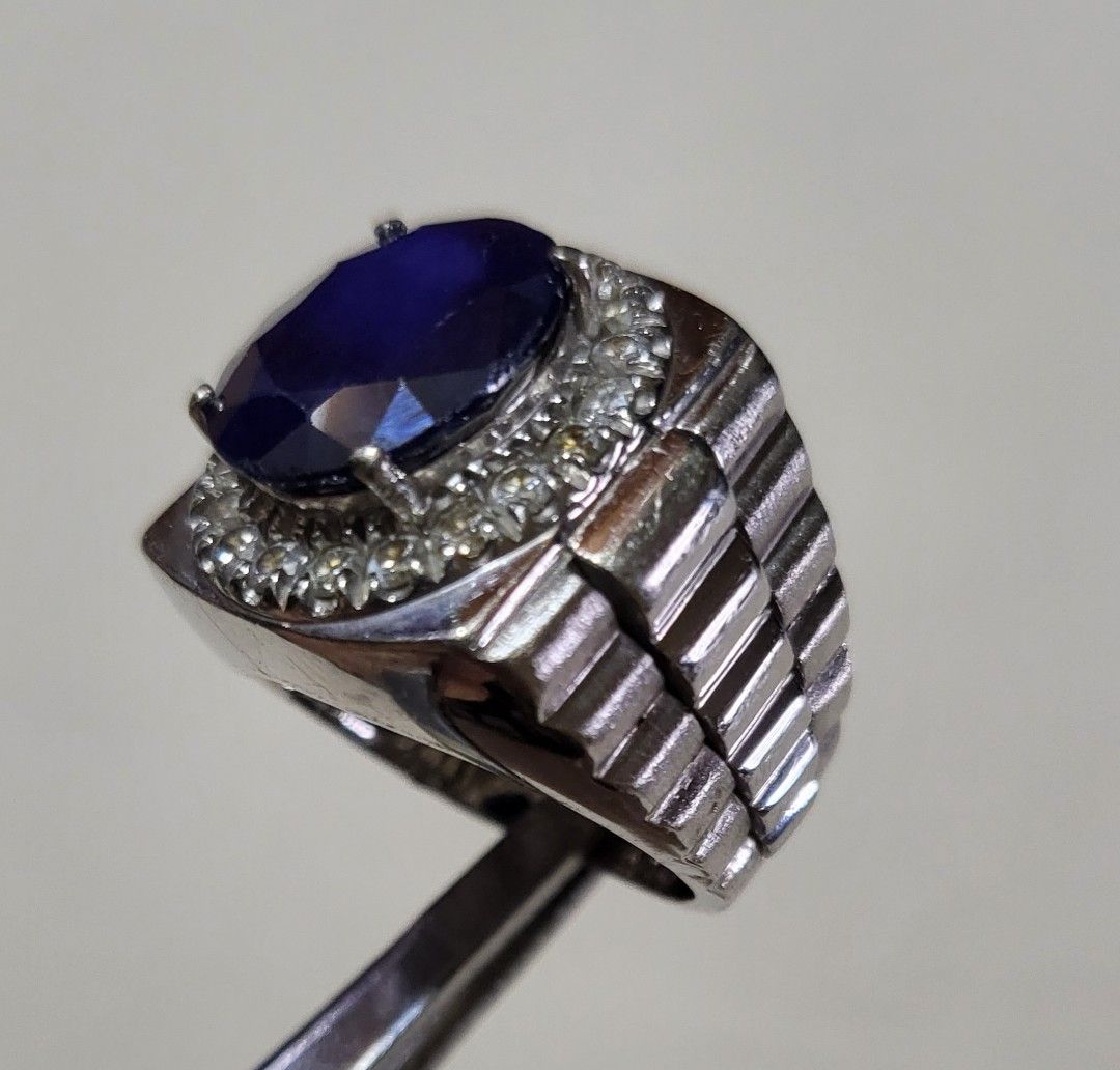 Mens diamond top and sapphire ring
