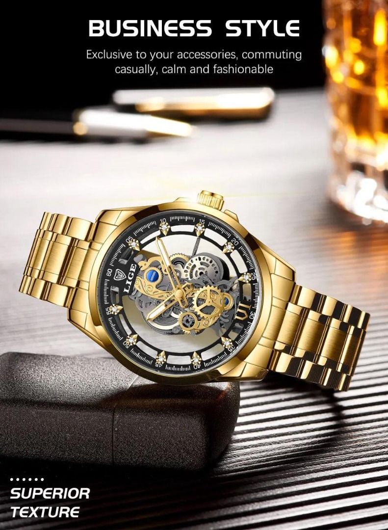 New Men Watch Skeleton Quartz Wristwatch Gold Skeleton Retro Man