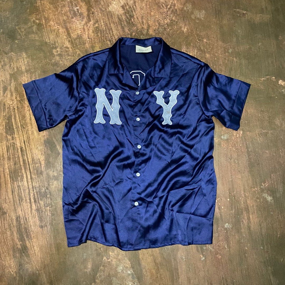 Gucci Blue Satin NY Yankees Bowling Shirt and Shorts Set M Gucci