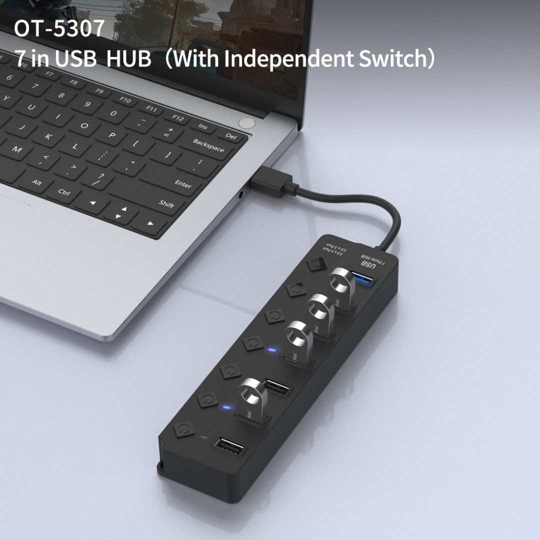 Onten USB x 7 Ports Hub with LED on/off switch and Power Supply Port ...