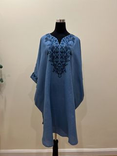 [ORIGINAL-W4] BRITISH INDIA PURE WOMEN'S DUSTY BLUE TOP KAFTAN IRISH LINEN ONE SIZE (PRELOVED)