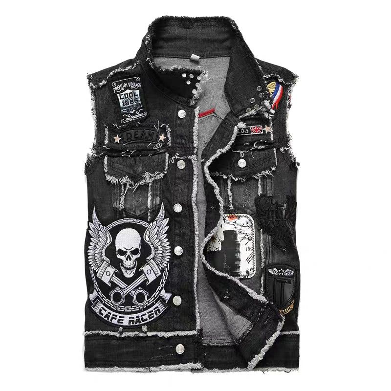 Sleeveless denim biker jacket discount