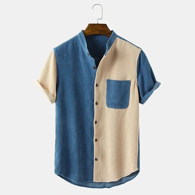 Short Sleeve Shirt Men Streetwear Casual Patchwork Stand Collar