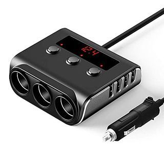 SONRU Car Charger Adapter, 3 Sockets Cigarette Lighter Splitter with 4 USB Ports, 100W 12V/24V DC Power Outlet Splitter with LED Voltmeter Power Switch for iPhone, GPS, Dash Cam