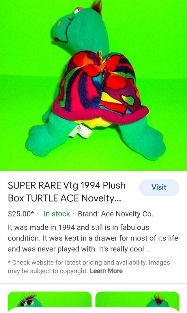 Super rare vtg 1994 plush box turtle ace, Hobbies & Toys, Collectibles ...