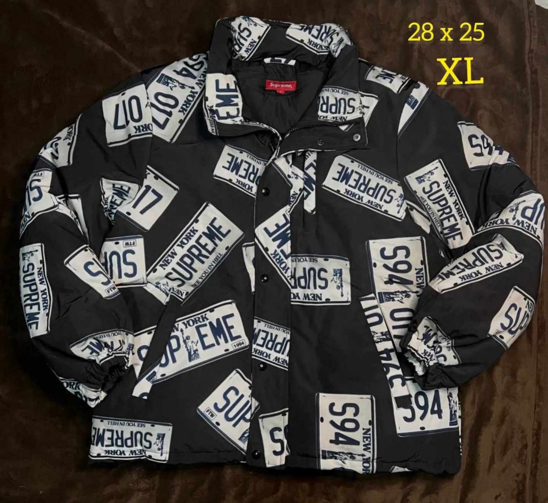 Supreme Plate Number Licensed Puffer Jacket, Men's Fashion