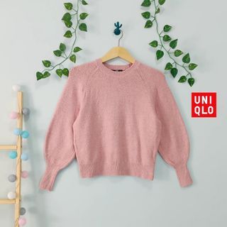 Uniqlo 🩷  RARE Crop Sweater Blouse Tangan Super Balon Knit Top Rajut Kapas fit for Daily Knitwear Outfit Warna Baby Soft Pink Muda Pastel 🩷