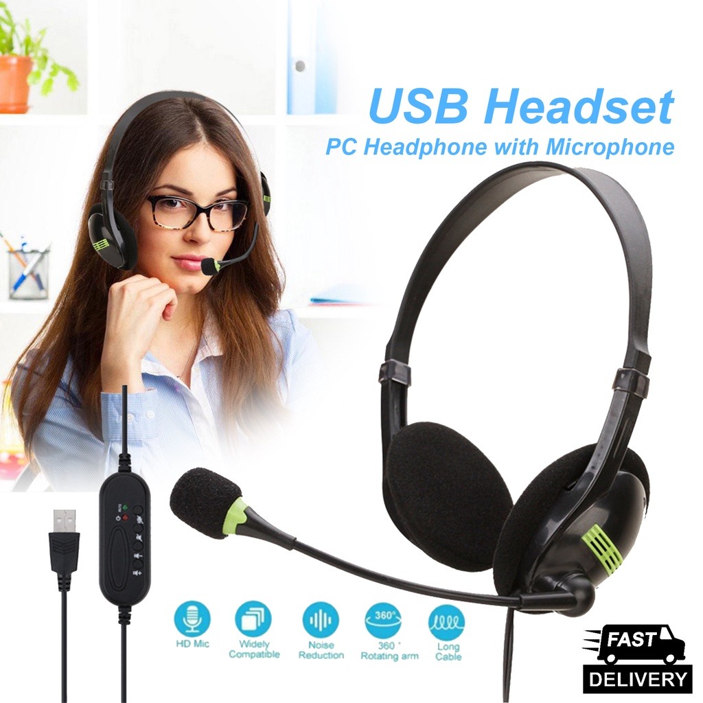 USB PC Headset Office USB Headphone with Mic Volume Control Computer ...