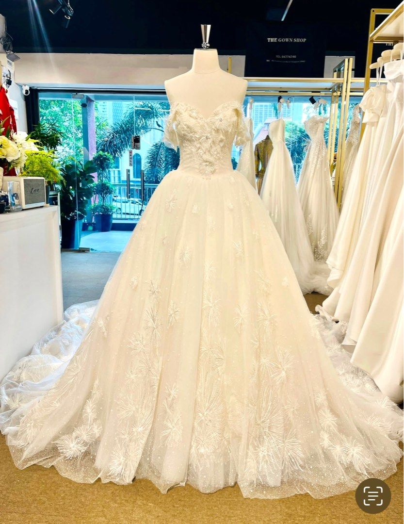 White lace off outlet the shoulder wedding dress