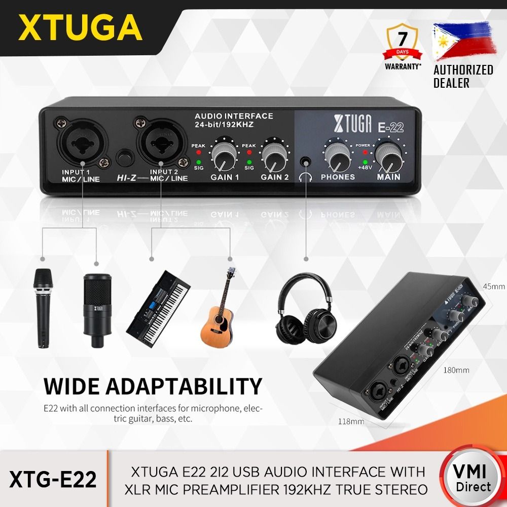 XTUGA E22 2i2 USB Audio Interface with XLR Mic Preamplifier 192kHz VMI DIRECT (Category: Other Audio Equipment) located in Manila. Submitted by vmidirect (Listing ID 1256726833, Image 2). Description: Product Description 24 bit/192 kHz Professional Audio Quality E22 audio interface, with all connection interfaces for microphone, electric guitar, bass, etc. This includes a +48 volt phantom power supply for condenser microphones,delivers studio-gra