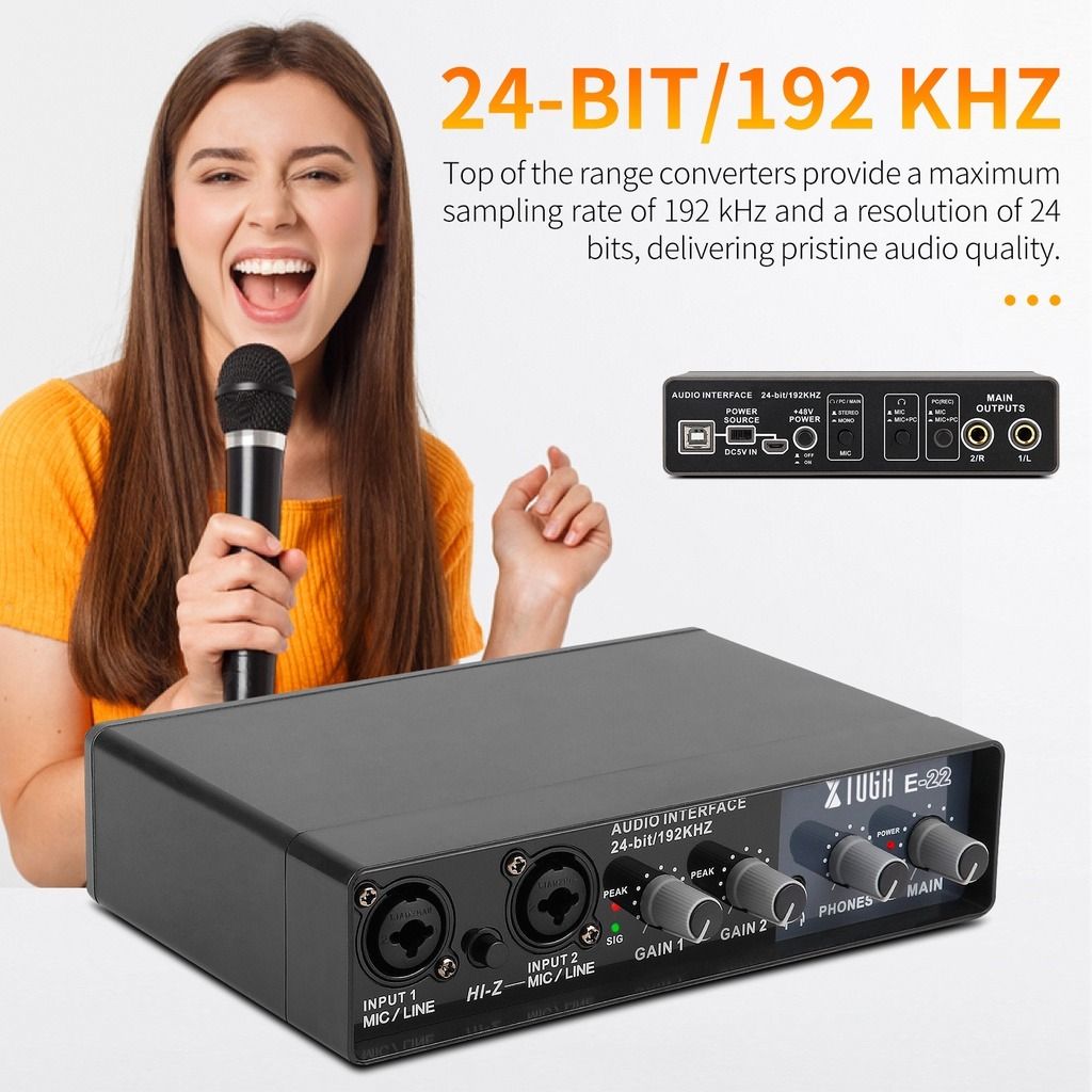 XTUGA E22 2i2 USB Audio Interface with XLR Mic Preamplifier 192kHz VMI DIRECT (Category: Other Audio Equipment) located in Manila. Submitted by vmidirect (Listing ID 1256726833, Image 3). Description: Product Description 24 bit/192 kHz Professional Audio Quality E22 audio interface, with all connection interfaces for microphone, electric guitar, bass, etc. This includes a +48 volt phantom power supply for condenser microphones,delivers studio-gra