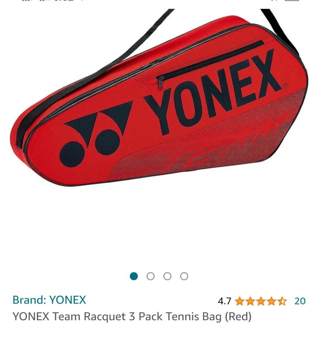 Yonex raquet bag (Category: Other Sports Equipment and Supplies) located in Batac City. Submitted by tinderella_mom1006 (Listing ID 1256834802, Image 1). Description: Brandnew ‼️‼️‼️ yonex team raquet 3 pack bag tennis bag (red).