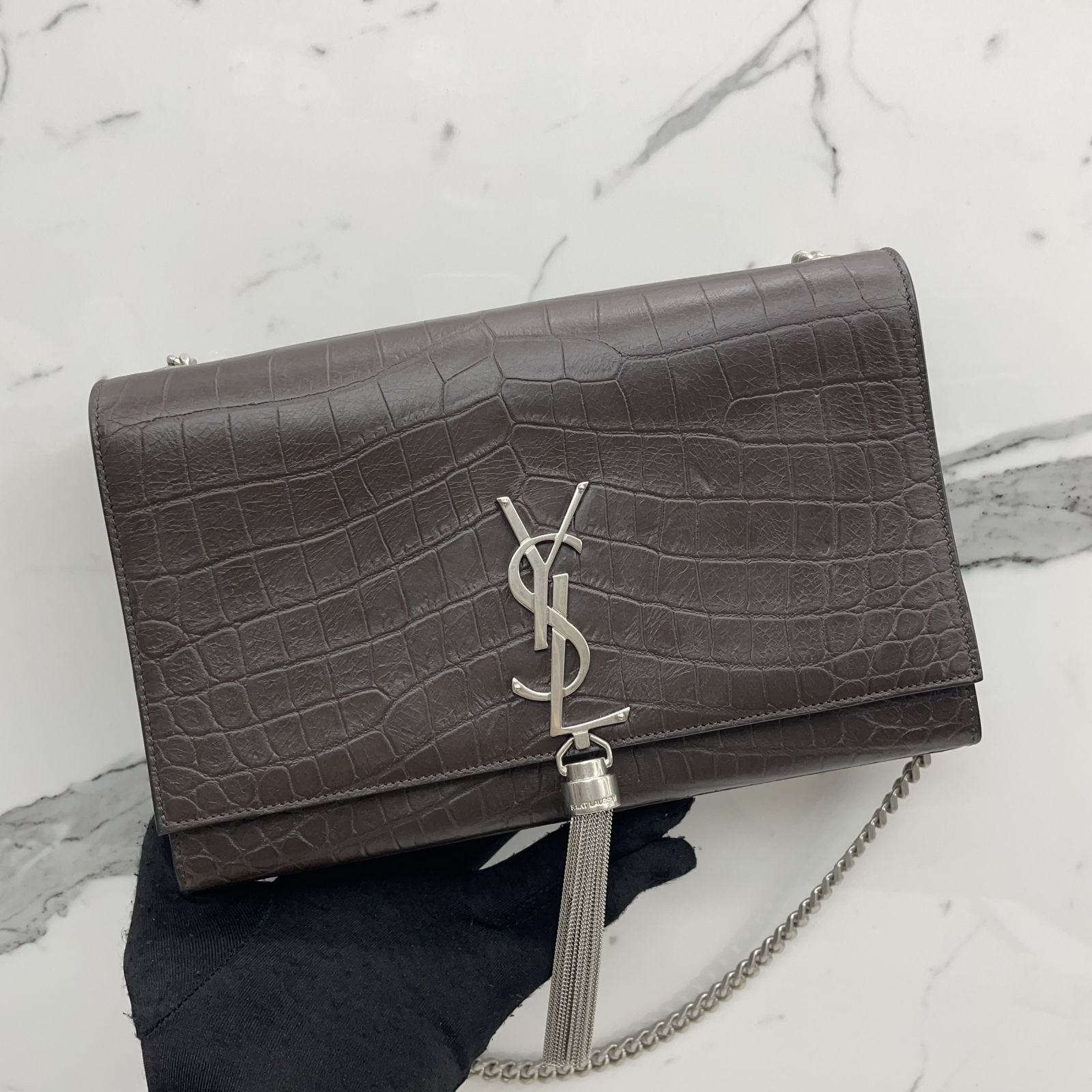 YVES SAINT LAURENT 354119 BROWN CROCO TASSEL CHAIN SHOULDER BAG 237029852 AL