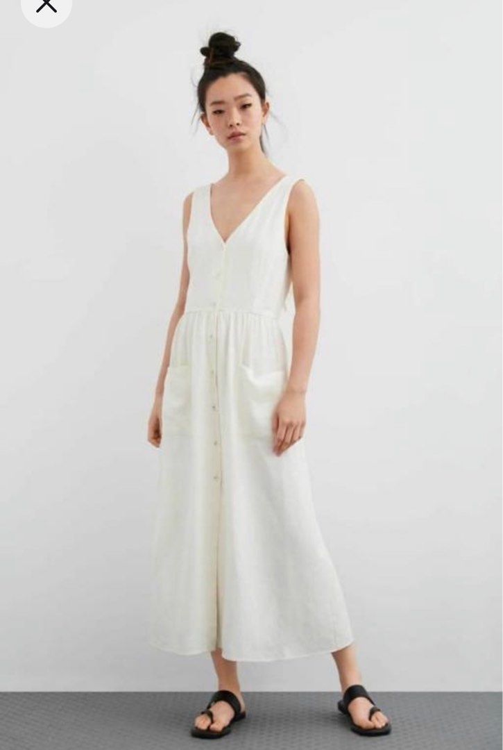 ZARA Tie Back Rustic Button Down Midi Dress