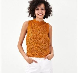 Zara Women Gold/Yellow Embroidered & Lace Sleeveless Top