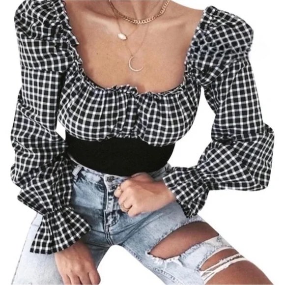 Pastel Gingham Puff Sleeve Top