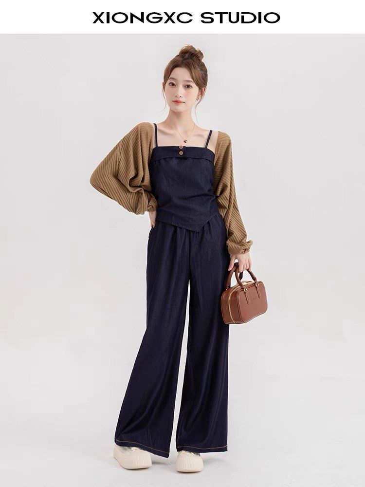 Denim Overalls With Long Cardigan 3pc Denim Spaghetti Strap Top