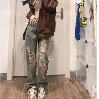刷破牛仔褲 顯瘦 破洞毛邊直筒褲 寬鬆 高腰百搭牛仔褲女