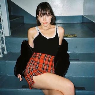 歐美 格子短裙 格紋 側開叉 包臀短裙 學院風 高腰性感 百搭半身裙