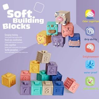 Baby Soft Building Blocks Toy/Sensory Teethers Cube Block Grasp Toy /Soft Rubber Bath Toy Stacking Toy for 0-18mth