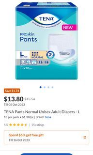 BN Tena Proskin Normal/Maxi Adult Diapers Pants Size L (40pcs/box)