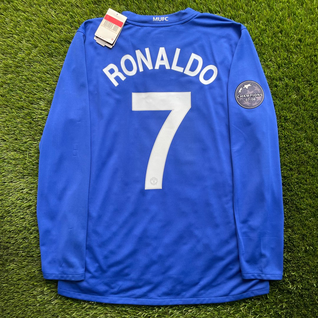 Cristiano Ronaldo 2008 2009 Away Blue Manchester United UCL Long Sleeve  Jersey With Patches