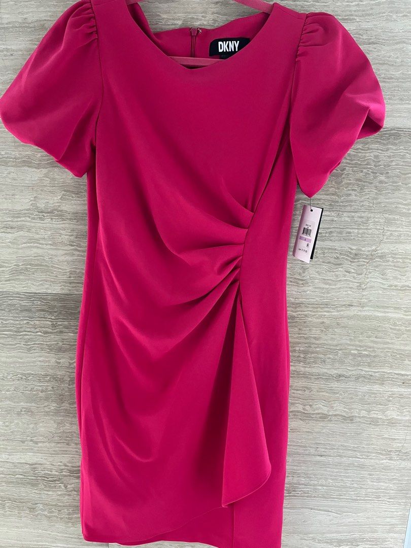 Brand new DKNY hot pink polyester dress with puffy sleeves in size