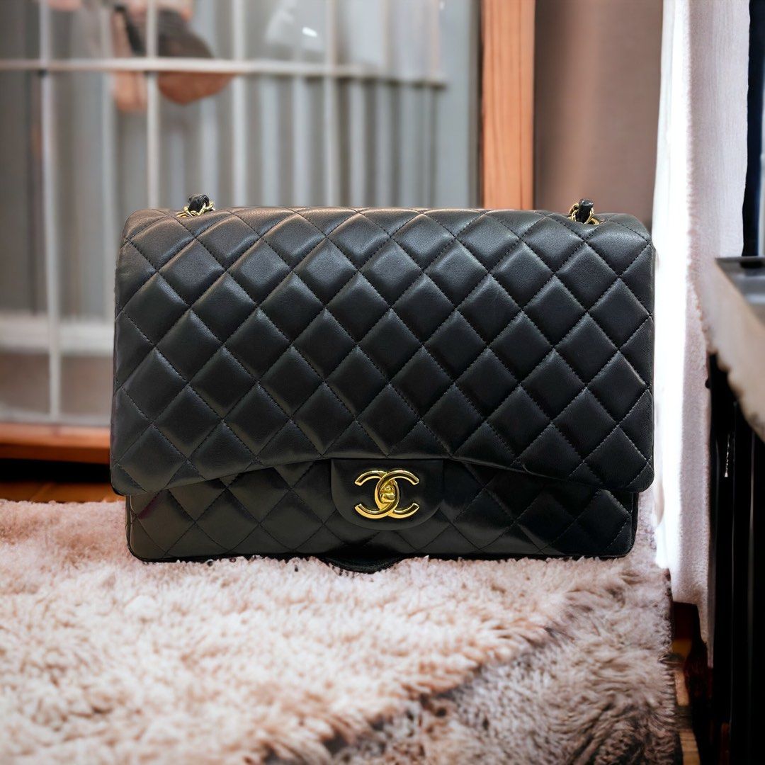 Chanel Maxi Classic Double Flap Bag Dark Pink Caviar Light Gold Hardware