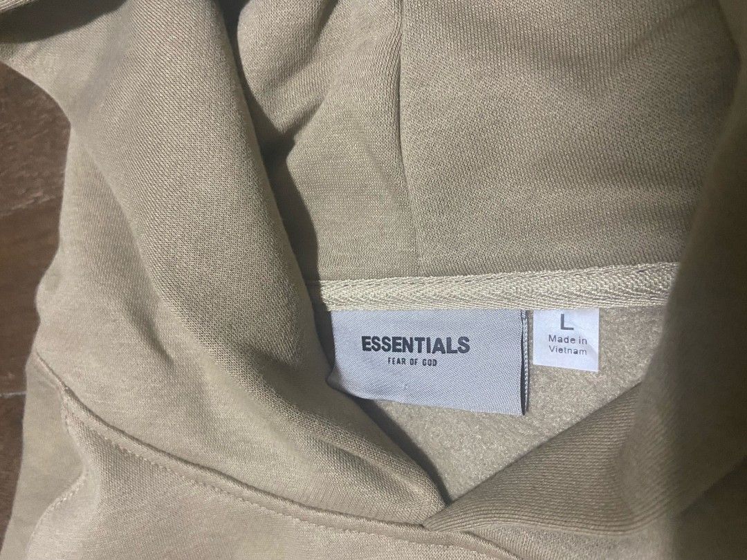 Fear of God Essentials Camel Hoodie, Men's Fashion, Tops & Sets, Hoodies on Carousell