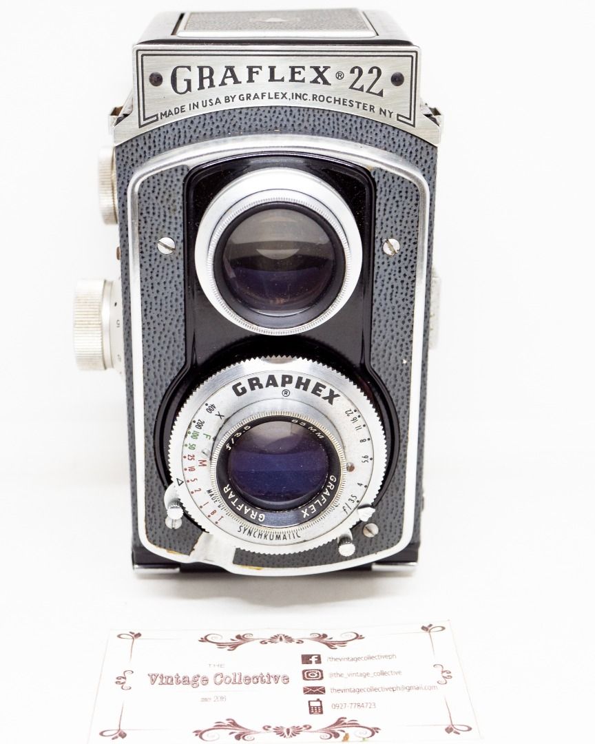 Graflex 22 TLR 120 Medium Format camera (Category: Cameras) located in San Juan City. Submitted by the_vintage_collective_ph (Listing ID 1257000697, Image 1). Description: The Graflex 22 was a continuation of the Ohio-made Ciro-Flex series. Graflex bought the tooling and parts from Ciro, and continued making the cameras. The Graflex 22 is a knob-wind twin-lens TLR, using 120 film. A red window in the rear shows the film position; some models have