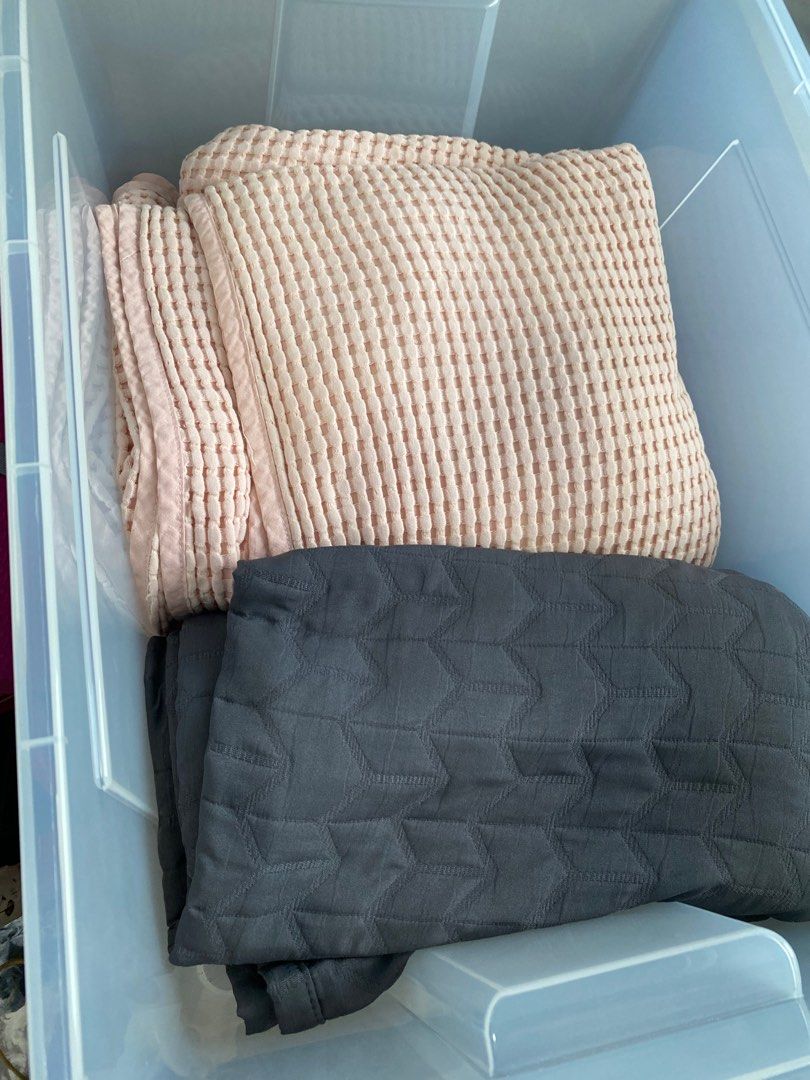 Ikea throws (Category: Bedding & Towels) located in Singapore. Submitted by unipuffs (Listing ID 1256840439, Image 1). Description: Ikea textiles [SOLD] Pink large blanket, big enough for king sized bed - original price $79.90 - selling $20 Grey throw, suitable for single bed/sofa - can’t find original price - selling $10 All deals final Self collect only Non nego.
