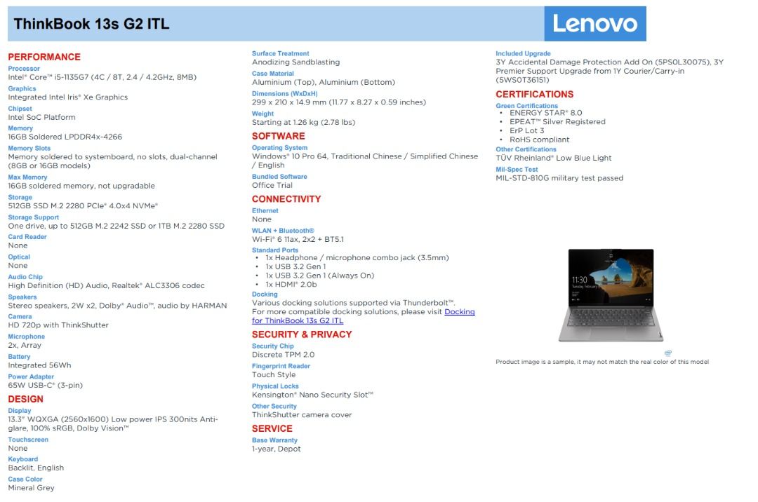 LENOVO THINKBOOK 13S G2 - INTEL CORE i5-1135G7 / 16GB RAM / 512GB ...