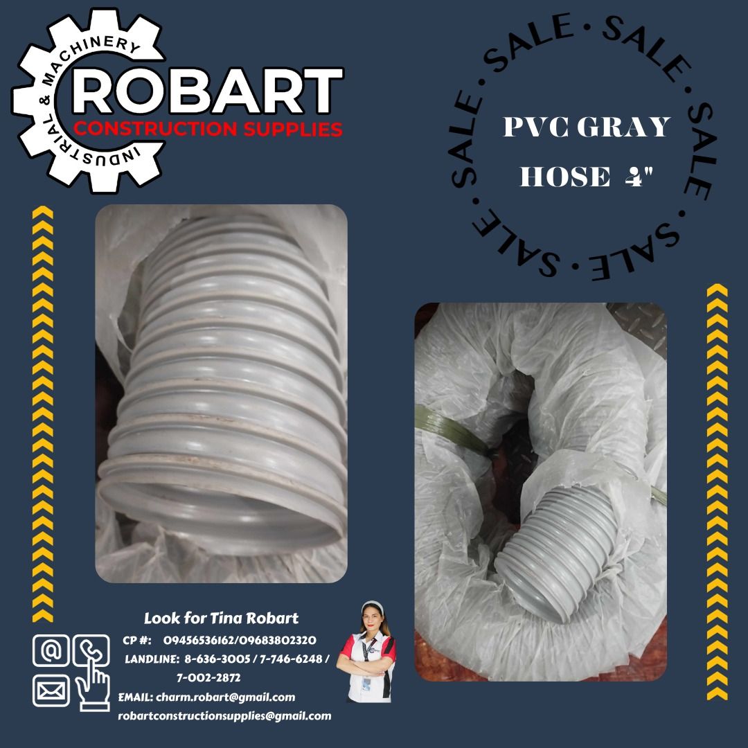 PVC Flexible Gray Duct Hose 4" (Category: Construction & Building Materials) located in Manila. Submitted by tina.sales (Listing ID 1256919041, Image 1). Description: PVC Flexible Gray Duct Hose Size: 4" ₱535/meter 𝒩𝑜𝓉𝑒: 𝒫𝓇𝒾𝒸𝑒𝓈 𝒶𝓇𝑒 𝓈𝓊𝒷𝒿𝑒𝒸𝓉 𝓉𝑜 𝒸𝒽𝒶𝓃𝑔𝑒 𝓌𝒾𝓉𝒽𝑜𝓊𝓉 𝓅𝓇𝒾𝑜𝓇 𝓃𝑜𝓉𝒾𝒸𝑒 𝓟𝓵𝓮𝓪𝓼𝓮 𝓬𝓪𝓵𝓵 : 𝓣𝓲𝓷𝓪 𝓡𝓸𝓫𝓪𝓻𝓽 CP # : 09456536162/09683802320 LANDLINE: 8-636-3005 / 7-746-6248 / 7-002-2872 EMAIL : c