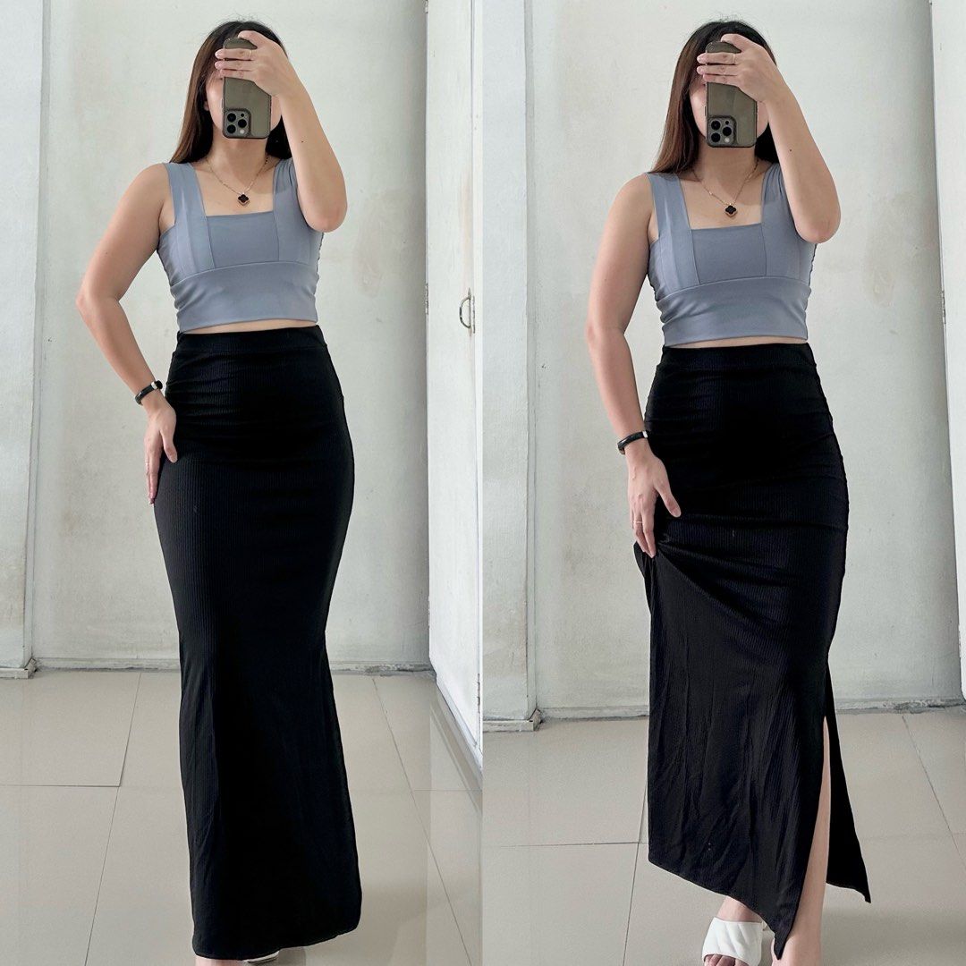 Shein Black Ribbed Maxi Skirt Women s Fashion Bottoms Skirts on