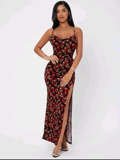 Shein Curve Plus Size Red roses with slit Floral Maxi dress