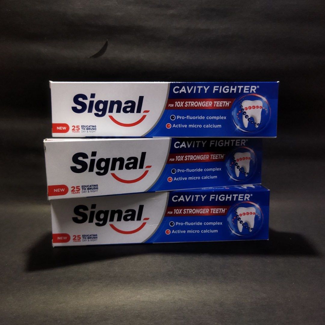 Signal Toothpaste (75ml) From Dubai (Category: Oral Care) located in Pasig City. Submitted by mmimportedgoods (Listing ID 1257004210, Image 1). Description: Signal Cavity Fighter with maximum cavity protection contains pro-flouride complex, active micro calcium & natural mint extract. Scientifically proven to : - Repair tiny invisible holes before they become cavities. - Form a protective layer for 10x stronger teeth. 🌸🌸🌸 All products that are