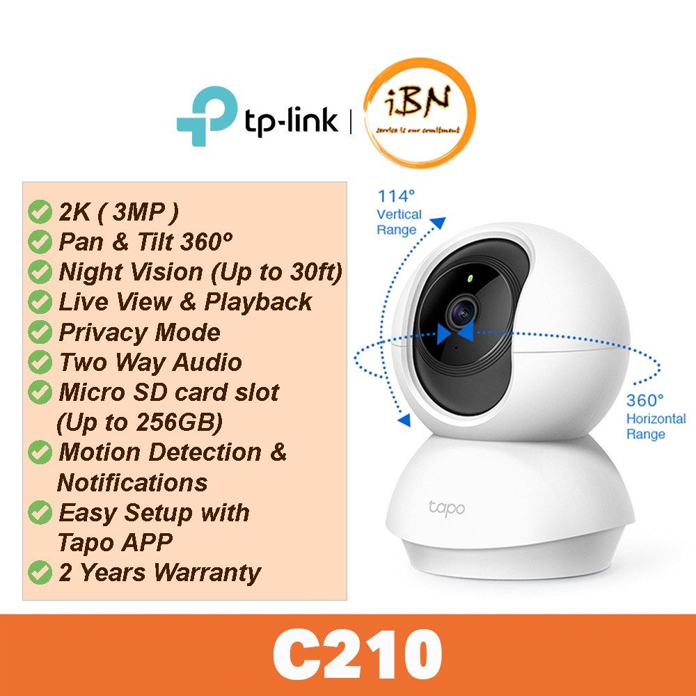 TP-Link Tapo C210 2K 3MP 360 Degree Pan/Tilt 30ft Night Vision