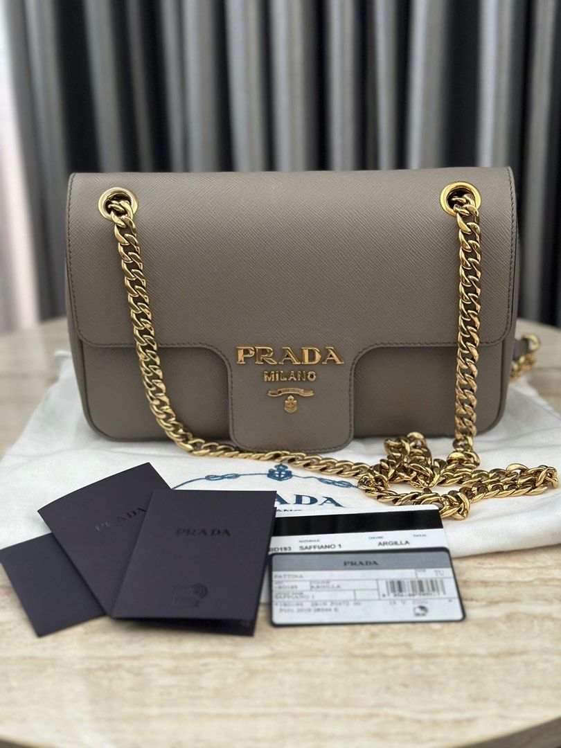 tas shoulder-bag Prada Pattina Taupe Saffiano Leather 2019 GHW Shoulder Bag