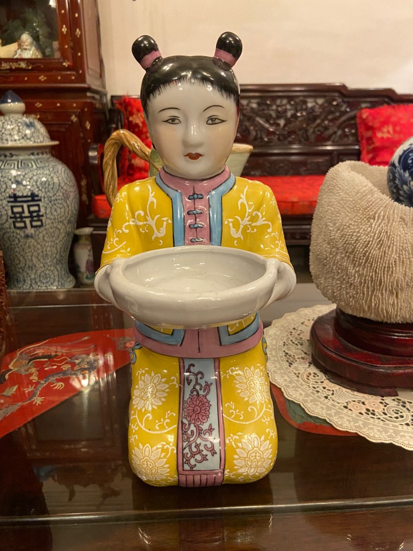 Vintage porcelain lady holding plate statue, Hobbies & Toys