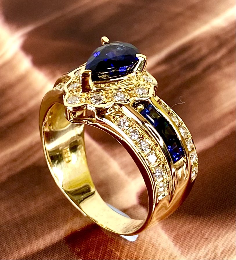 18K Yellow Gold Blue Sapphire Diamond Lady Ring Cert Women s
