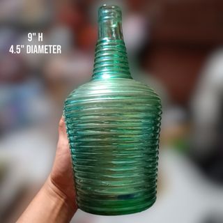 9" Vintage Green Liquor Bottle Jar Vase with Ribbed Exterior Design for Display and Collection