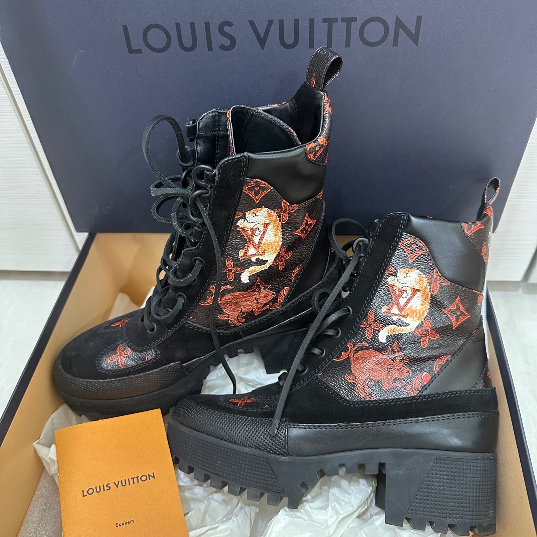 Louis Vuitton Black Calfskin Catogram Laureate Platform Desert Boots 37.5