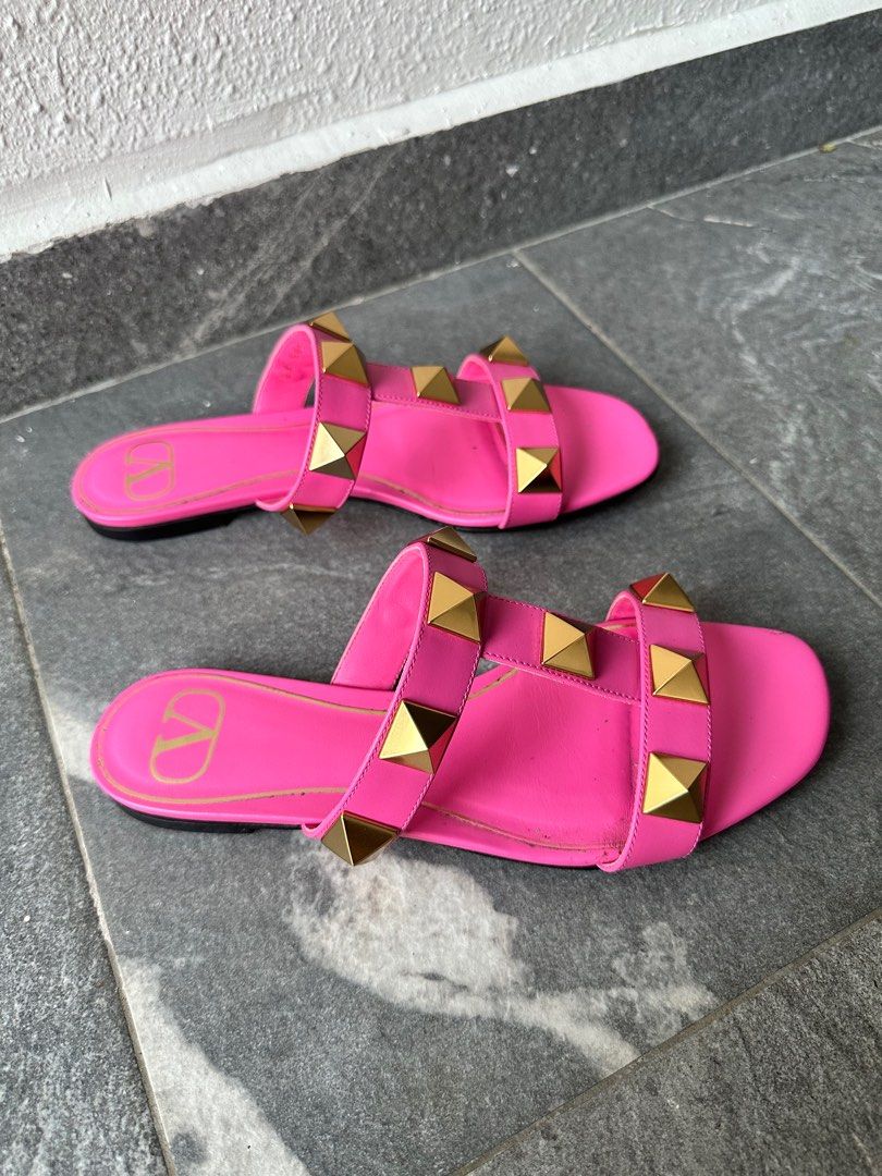 Authentic Valentino Garavani Large Roman Stud Slides Sandals Hot Pink